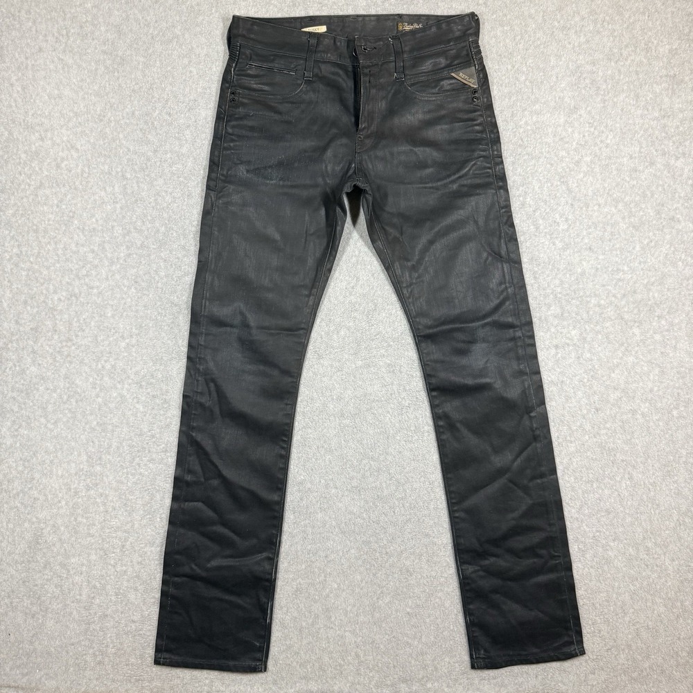REPLAY Jeans Mens 29x34 Black WAXED Tunky Straight Leg Loose Fit Moto Biker EUC